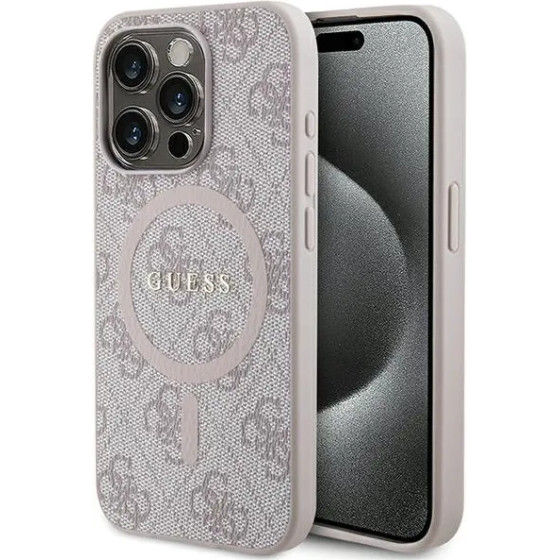Guess 4G Collection Leather Metal Logo MagSafe Case for iPhone 15 Pro - Pink - (GUE003493-0)