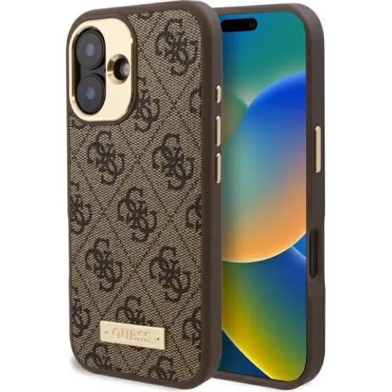 Guess 4G Logo Plate MagSafe iPhone 16 Case - Brown - (GUE004008-0)