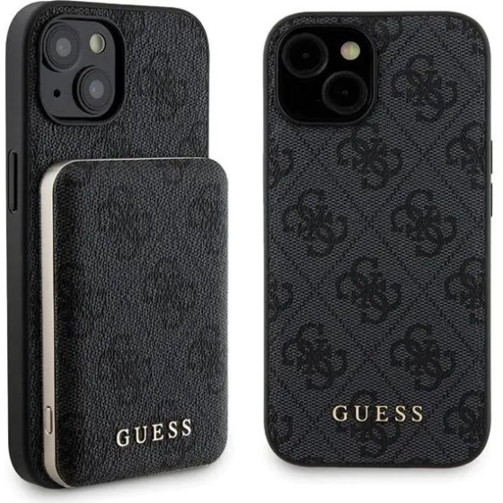 Guess 4G Metal Logo case set for iPhone 15 + 5000mAh MagSafe power bank - black - (GUE003251-0)