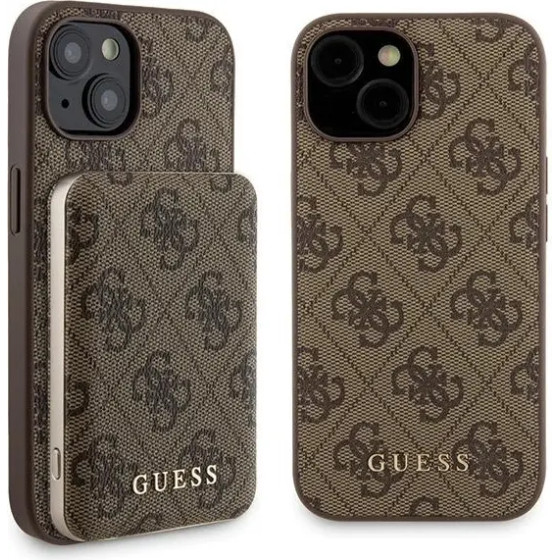 Guess 4G Metal Logo case set for iPhone 15 + 5000mAh MagSafe power bank - brown - (GUE003254-0)