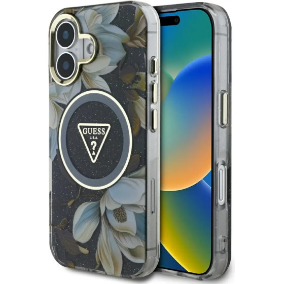 Guess Glitter Flowers Triangle Buttons MagSafe case for iPhone 16 black - (GUE004436-0)
