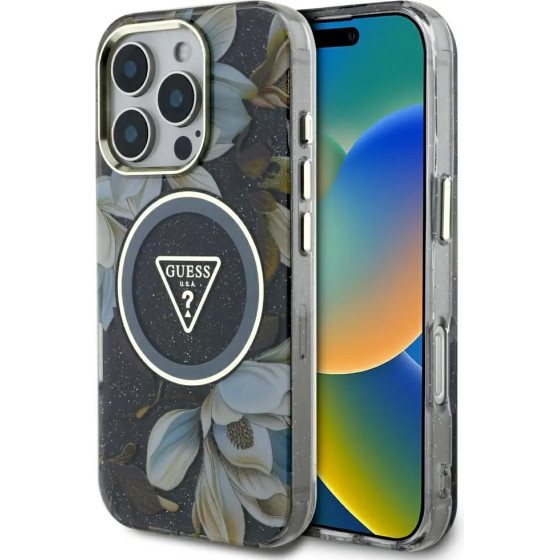Guess Glitter Flowers Triangle Buttons MagSafe case for iPhone 16 Pro black - (GUE004437-0)