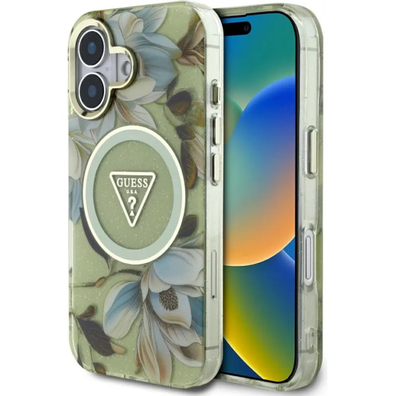 Guess Glitter Flowers Triangle Buttons MagSafe case for iPhone 16 green - (GUE004433-0)