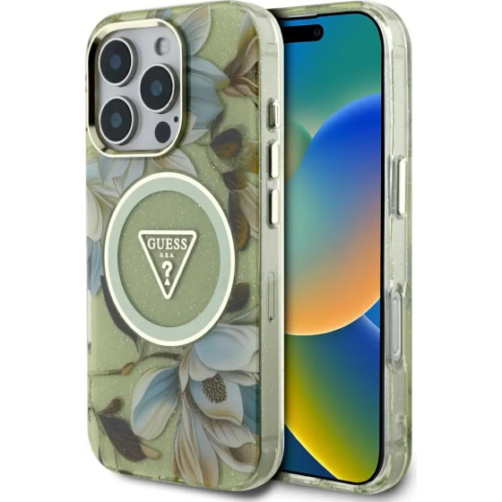 Guess Glitter Flowers Triangle Buttons MagSafe case for iPhone 16 Pro green - (GUE004434-0)