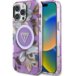 Guess Glitter Flowers Triangle Buttons MagSafe Case for iPhone 16 Pro Max Purple - (GUE004441-0)