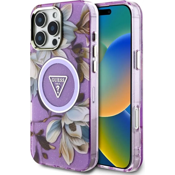 Guess Glitter Flowers Triangle Buttons MagSafe Case for iPhone 16 Pro Max Purple - (GUE004441-0)