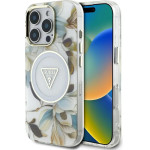 Guess Glitter Flowers Triangle Buttons MagSafe Case for iPhone 16 Pro Max White - (GUE004444-0)