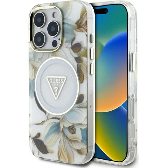Guess Glitter Flowers Triangle Buttons MagSafe Case for iPhone 16 Pro Max White - (GUE004444-0)