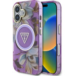 Guess Glitter Flowers Triangle Buttons MagSafe Case for iPhone 16 Purple - (GUE004439-0)