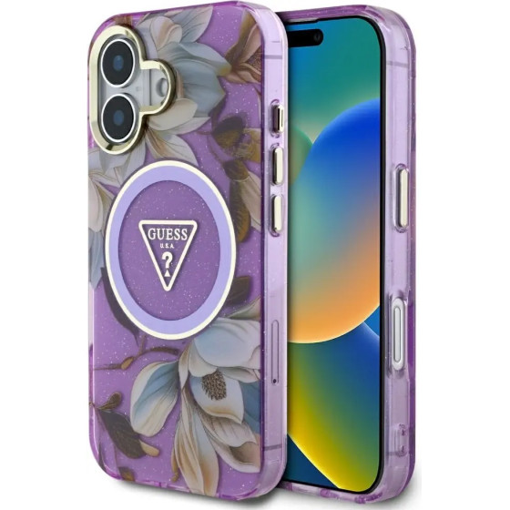 Guess Glitter Flowers Triangle Buttons MagSafe Case for iPhone 16 Purple - (GUE004439-0)