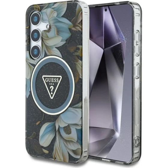 Guess Glitter Flowers Triangle Buttons MagSafe case for Samsung Galaxy S25 black - (GUE004326-0)