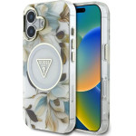 Guess Glitter Flowers Triangle Buttons MagSafe case for iPhone 16 white - (GUE004442-0)