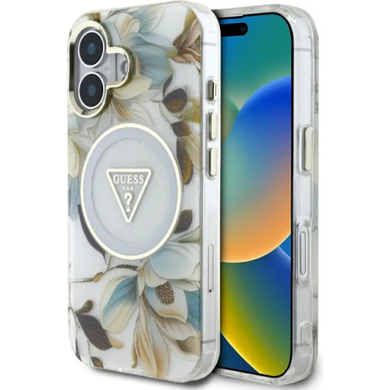 Guess Glitter Flowers Triangle Buttons MagSafe case for iPhone 16 white - (GUE004442-0)
