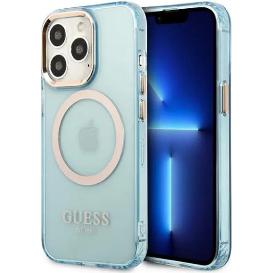 Guess Gold Outline Translucent MagSafe case for iPhone 13 Pro / iPhone 13 - blue - (GUE002503-0)