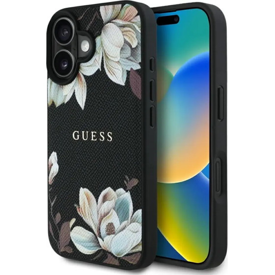 Guess Grained Printed Flower Pattern MagSafe case for iPhone 16 black - (GUE004421-0)