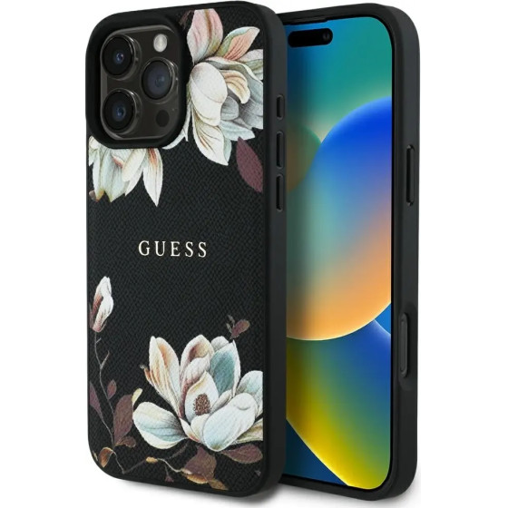 Guess Grained Printed Flower Pattern MagSafe case for iPhone 16 Pro black - (GUE004422-0)