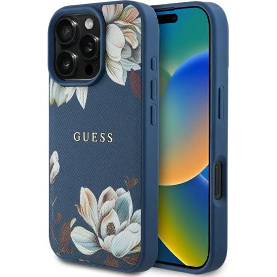 Guess Grained Printed Flower Pattern MagSafe case for iPhone 16 Pro Max blue - (GUE004429-0)