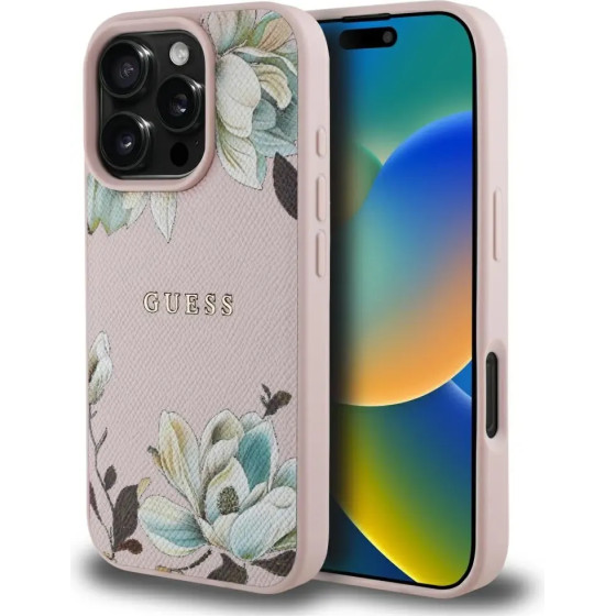 Guess Grained Printed Flower Pattern MagSafe Case for iPhone 16 Pro Pink - (GUE004431-0)