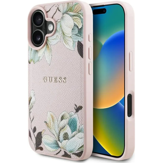 Guess Grained Printed Flower Pattern MagSafe iPhone 16 Case Pink - (GUE004430-0)
