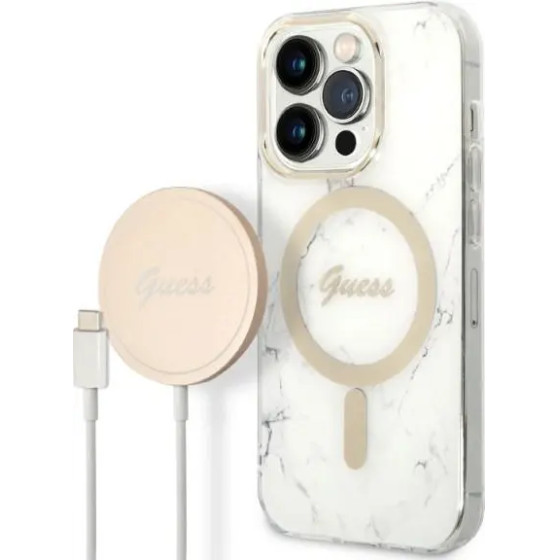 Guess GUBPP14LHMEACSH Case+ Charger Set iPhone 14 Pro 6.1 white/white hard case Marble MagSafe - (GUE002574-0)