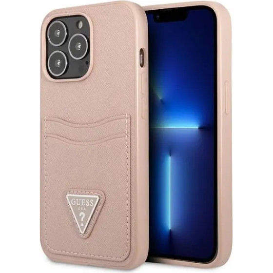 Guess GUHCP13LPSATPP iPhone 13 Pro / 13 6.1 pink / pink hardcase SaffianoTriangle Logo Cardslot - (GUE001975-0)
