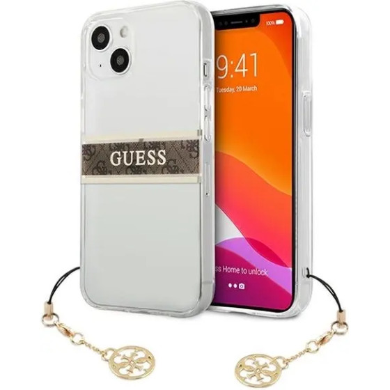 Guess GUHCP13SKB4GBR iPhone 13 mini 5.4'' Transparent hardcase 4G Brown Strap Charm - (GUE001620-0)
