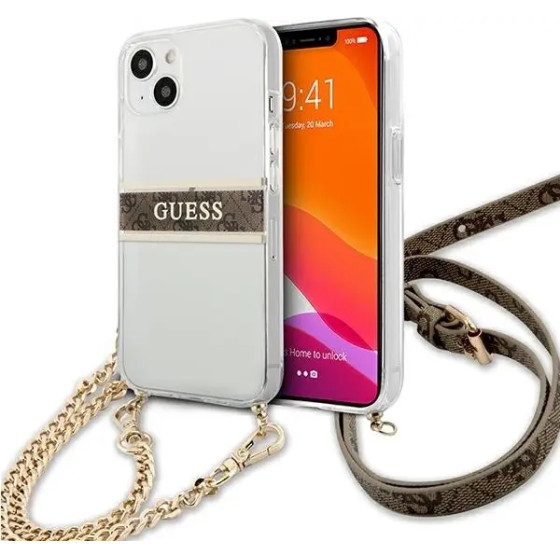 Guess GUHCP13SKC4GBGO iPhone 13 mini 5.4'' Transparent hardcase 4G Brown Strap Gold Chain - (GUE001687-0)