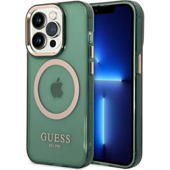 Guess GUHMP14XHTCMA iPhone 14 Pro Max 6.7'' green/khaki hard case Gold Outline Translucent MagSafe - (GUE002917-0)