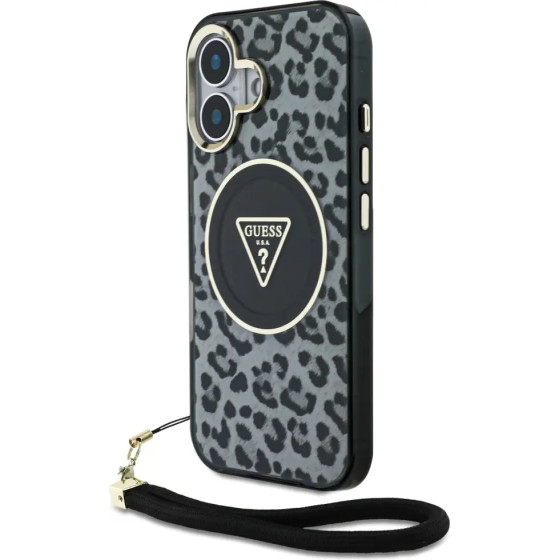Guess HC IML Leopard Triangle Cord Strap MagSafe case for iPhone 16 - black - (GUE004388-0)