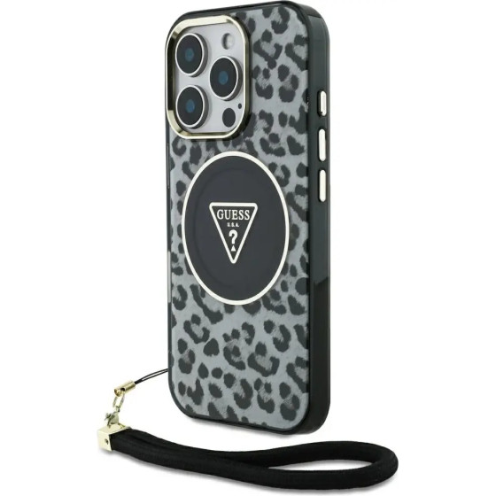 Guess HC IML Leopard Triangle Cord Strap MagSafe Case for iPhone 16 Pro Max - Black - (GUE004390-0)