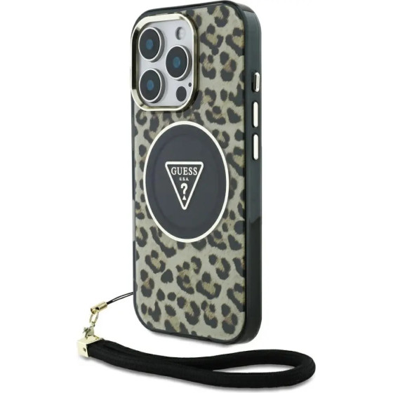 Guess HC IML Leopard Triangle Cord Strap MagSafe Case for iPhone 16 Pro Max - Brown - (GUE004393-0)