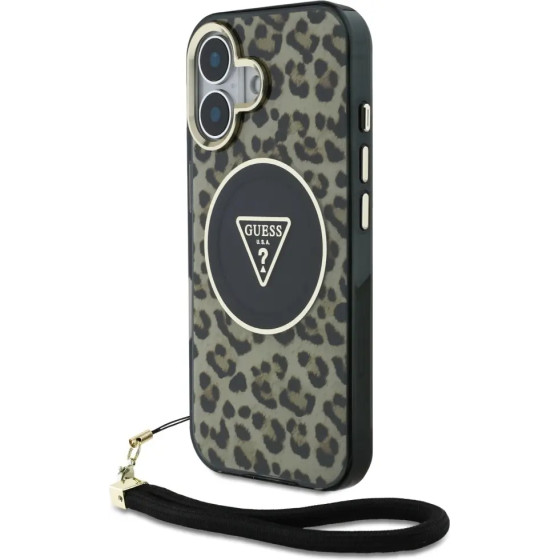 Guess HC IML Leopard Triangle Cord Strap MagSafe iPhone 16 Case - Brown - (GUE004391-0)
