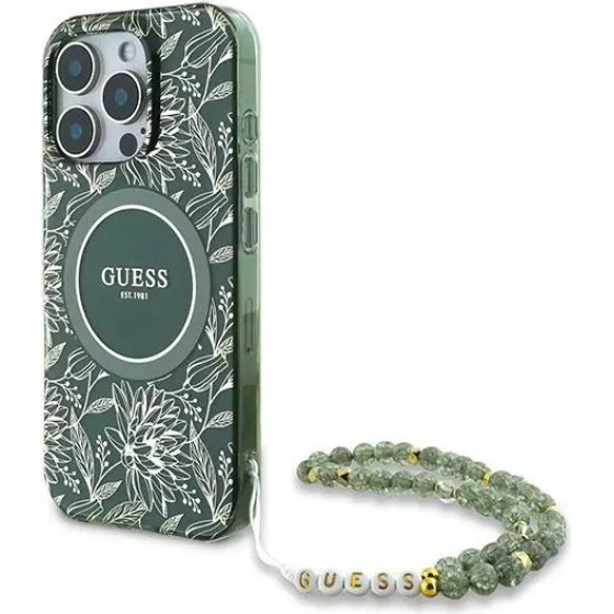 Guess IML Flowers Allover Electro With Pearl Strap MagSafe case for iPhone 16 Pro - green - (GUE003951-0)