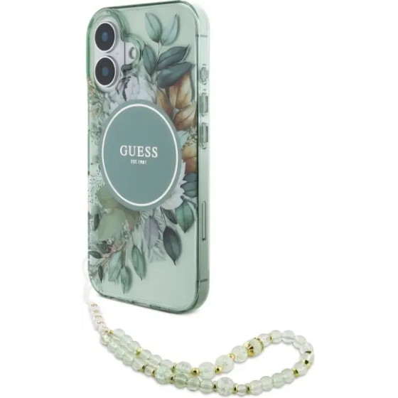 Guess IML Flowers With Pearl Strap MagSafe case for iPhone 16 Plus - green - (GUE003938-0)