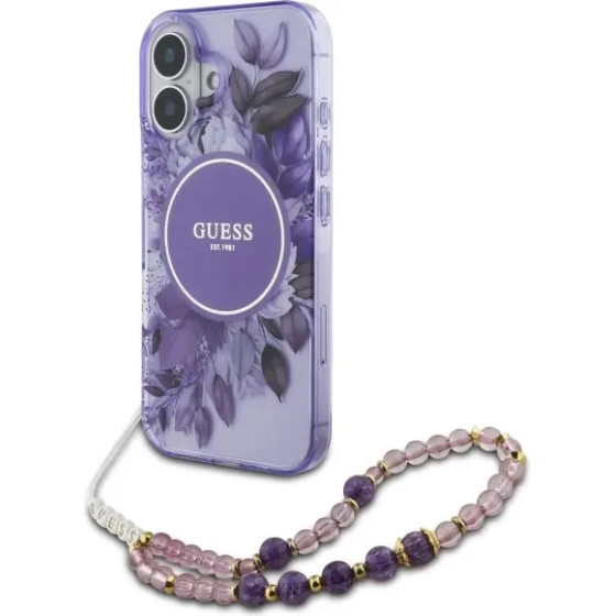 Guess IML Flowers With Pearl Strap MagSafe case for iPhone 16 Plus - purple - (GUE003942-0)