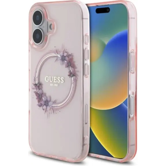 Guess IML Flowers Wreath MagSafe iPhone 16 Case - Pink - (GUE004043-0)