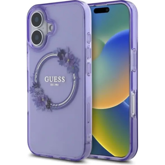 Guess IML Flowers Wreath MagSafe iPhone 16 Case - Purple - (GUE004044-0)