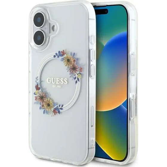 Guess IML Flowers Wreath MagSafe iPhone 16 Plus Case - Clear - (GUE004045-0)