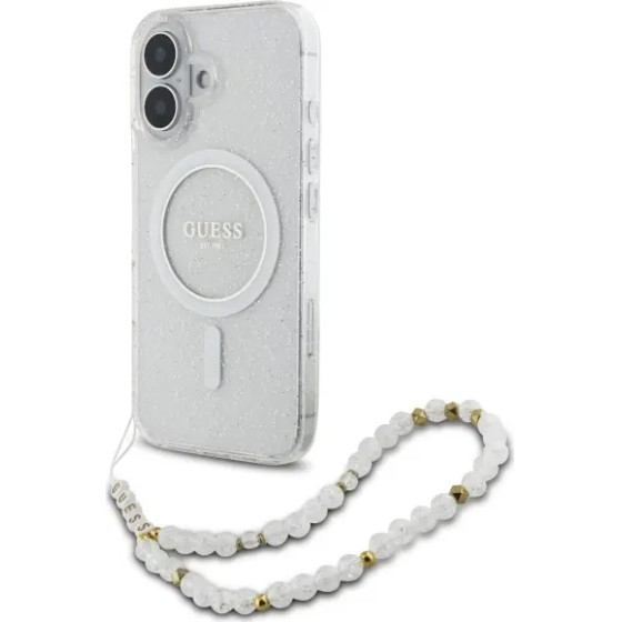 Guess IML Glitter With Pearl Strap MagSafe iPhone 16 Plus Case - Clear - (GUE003930-0)