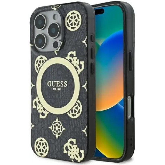 Guess IML Peony On 4G Background MagSafe Case for iPhone 16 Pro Max - Black - (GUE004084-0)