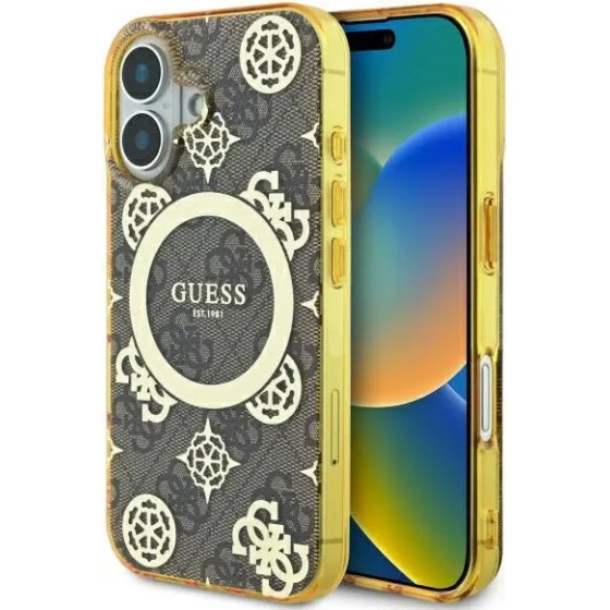 Guess IML Peony On 4G Background MagSafe iPhone 16 Case - Brown - (GUE003955-0)