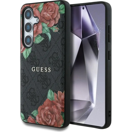 Guess Leather 4G Flowers Print Metal Classic Logo MagSafe Case for Samsung Galaxy S25 - Black - (GUE004284-0)