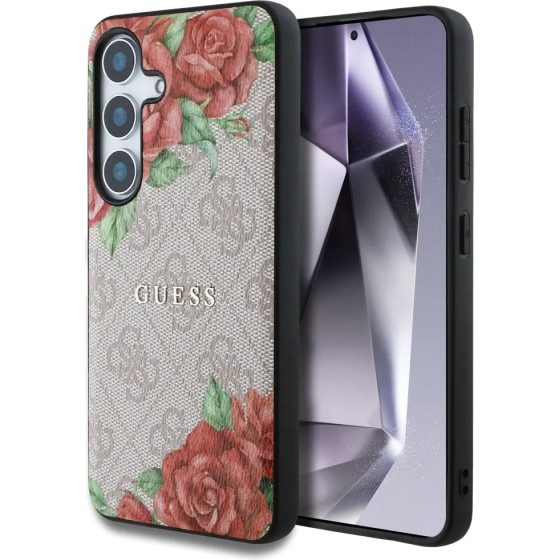 Guess Leather 4G Flowers Print Metal Classic Logo MagSafe Case for Samsung Galaxy S25 - Pink - (GUE004286-0)
