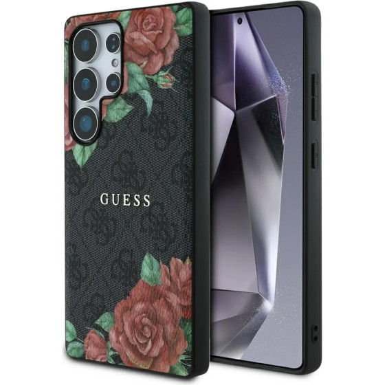 Guess Leather 4G Flowers Print Metal Classic Logo MagSafe Case for Samsung Galaxy S25 Ultra - Black - (GUE004285-0)
