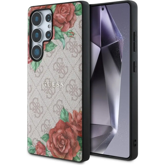 Guess Leather 4G Flowers Print Metal Classic Logo MagSafe Case for Samsung Galaxy S25 Ultra - Pink - (GUE004287-0)
