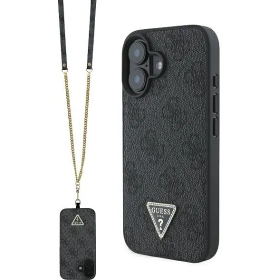 Guess Leather Metal Logo Strass Crossbody Case for iPhone 16 - Black - (GUE003913-0)