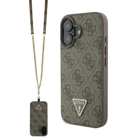 Guess Leather Metal Logo Strass Crossbody Case for iPhone 16 - Brown - (GUE004051-0)