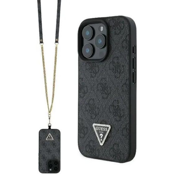Guess Leather Metal Logo Strass Crossbody Case for iPhone 16 Pro - Black - (GUE003914-0)