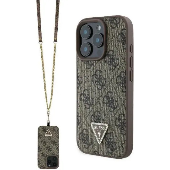Guess Leather Metal Logo Strass Crossbody Case for iPhone 16 Pro - Brown - (GUE003916-0)