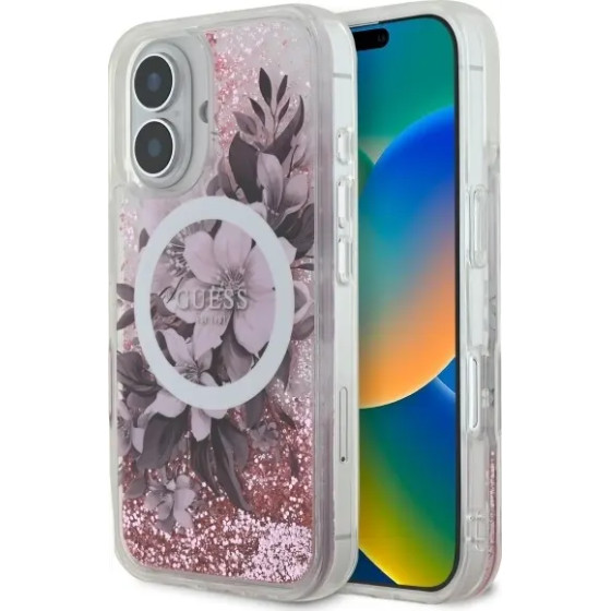 Guess Liquid Glitter Flower MagSafe iPhone 16 Case - Pink - (GUE004000-0)